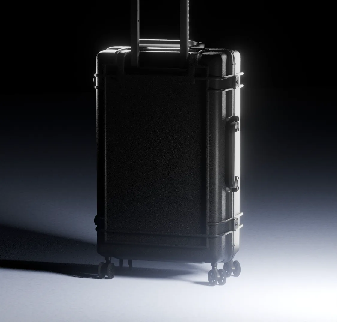 The Resist'r case with its trolley handle extended, studio lit